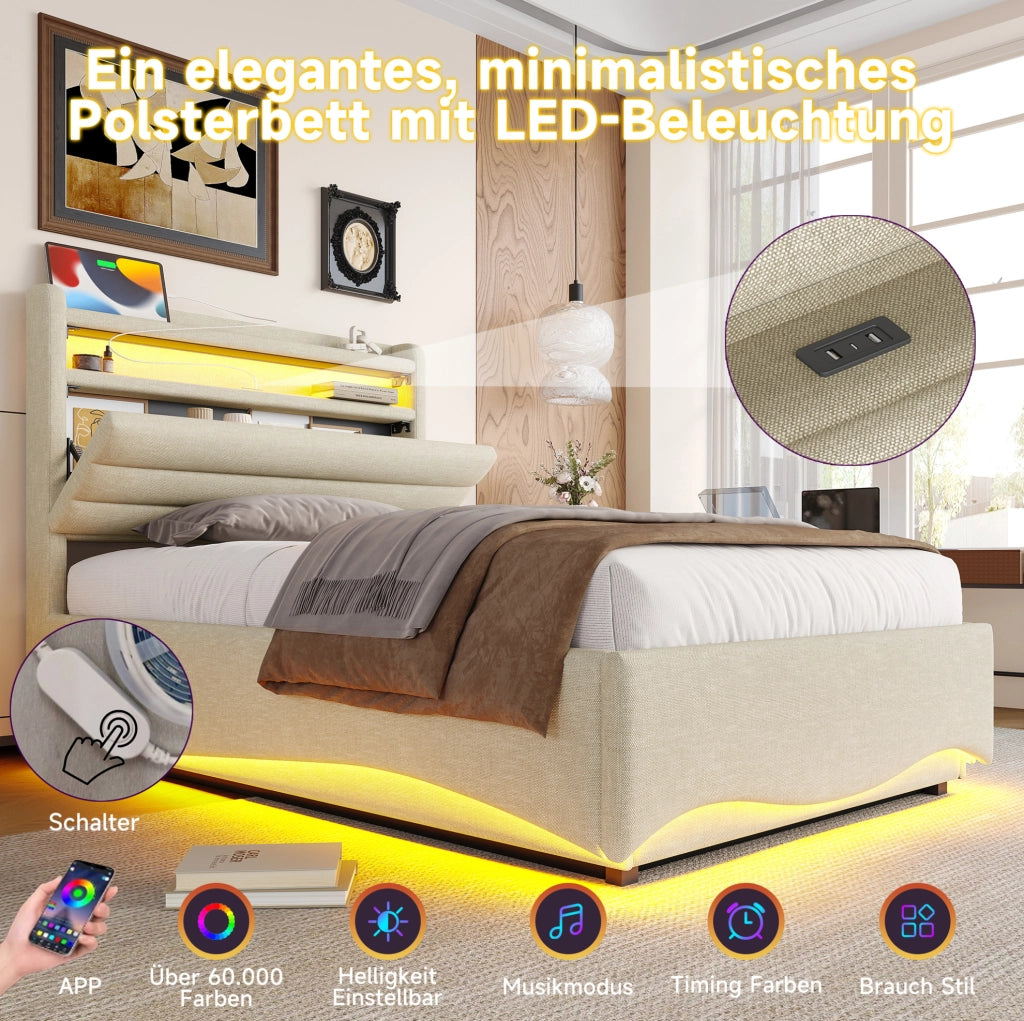 Letto imbottito 90 x 200 cm beige con LED e vano contenitore