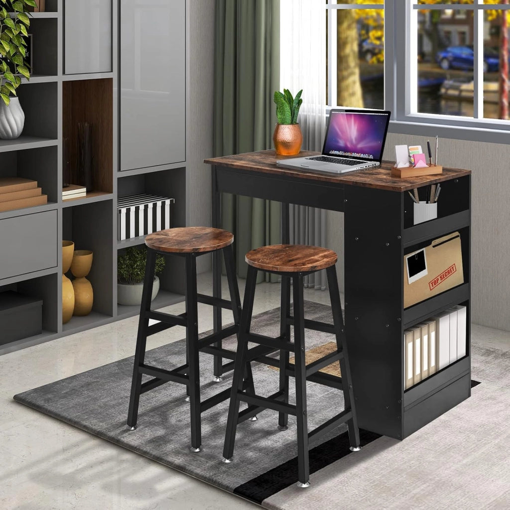 Set di Tavolo e 2 Sgabelli da Bar con Struttura in Legno e Metallo | Tavolo da Pranzo e Colazione a 3 Ripiani per Sala da Pranzo e Cucina, Marrone Rustico