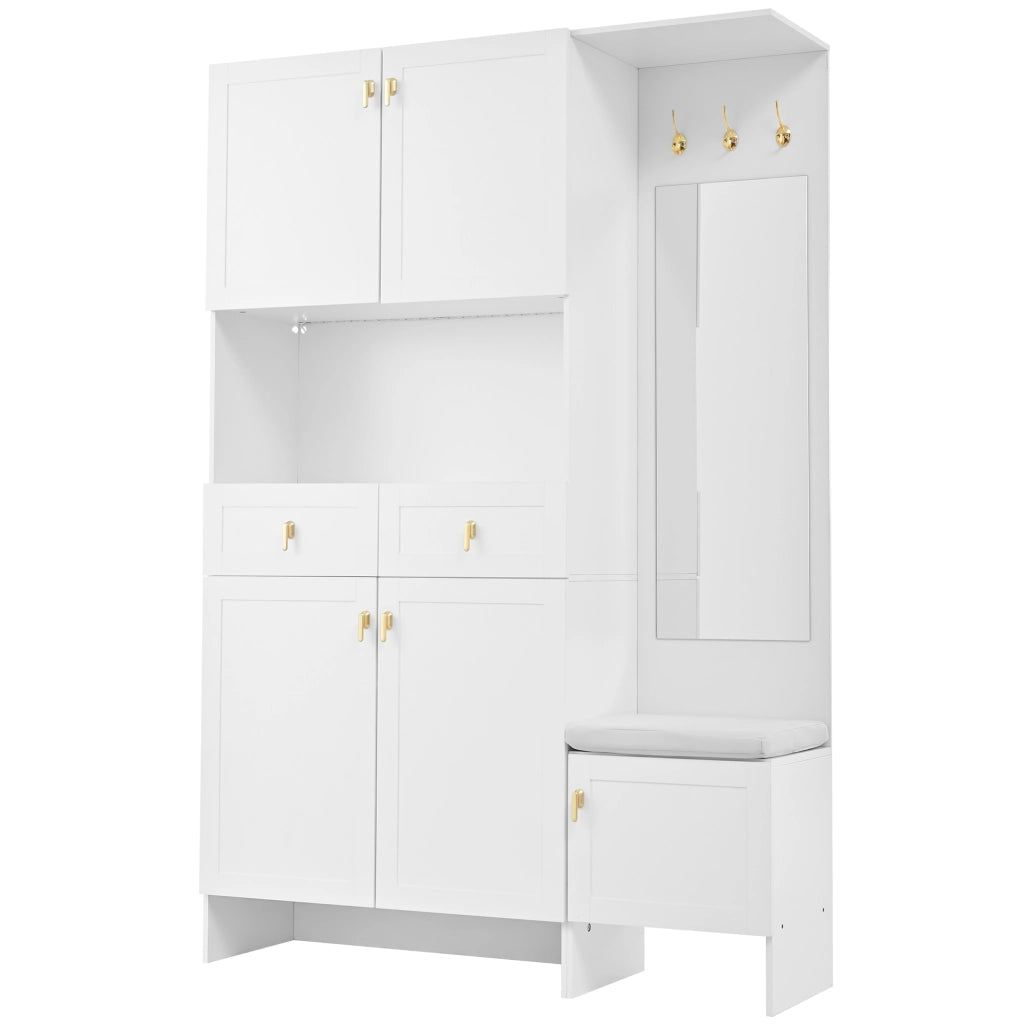 Mobile da ingresso con specchio, 2 cassetti, 3 ganci, 5 ante e LED, in truciolare, bianco, 120 × 33,5 × 180 cm