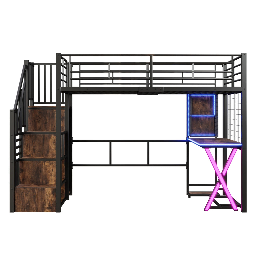 Letto a soppalco 90x200 cm con LED, scrivania, armadio e mensole, senza materasso, nero