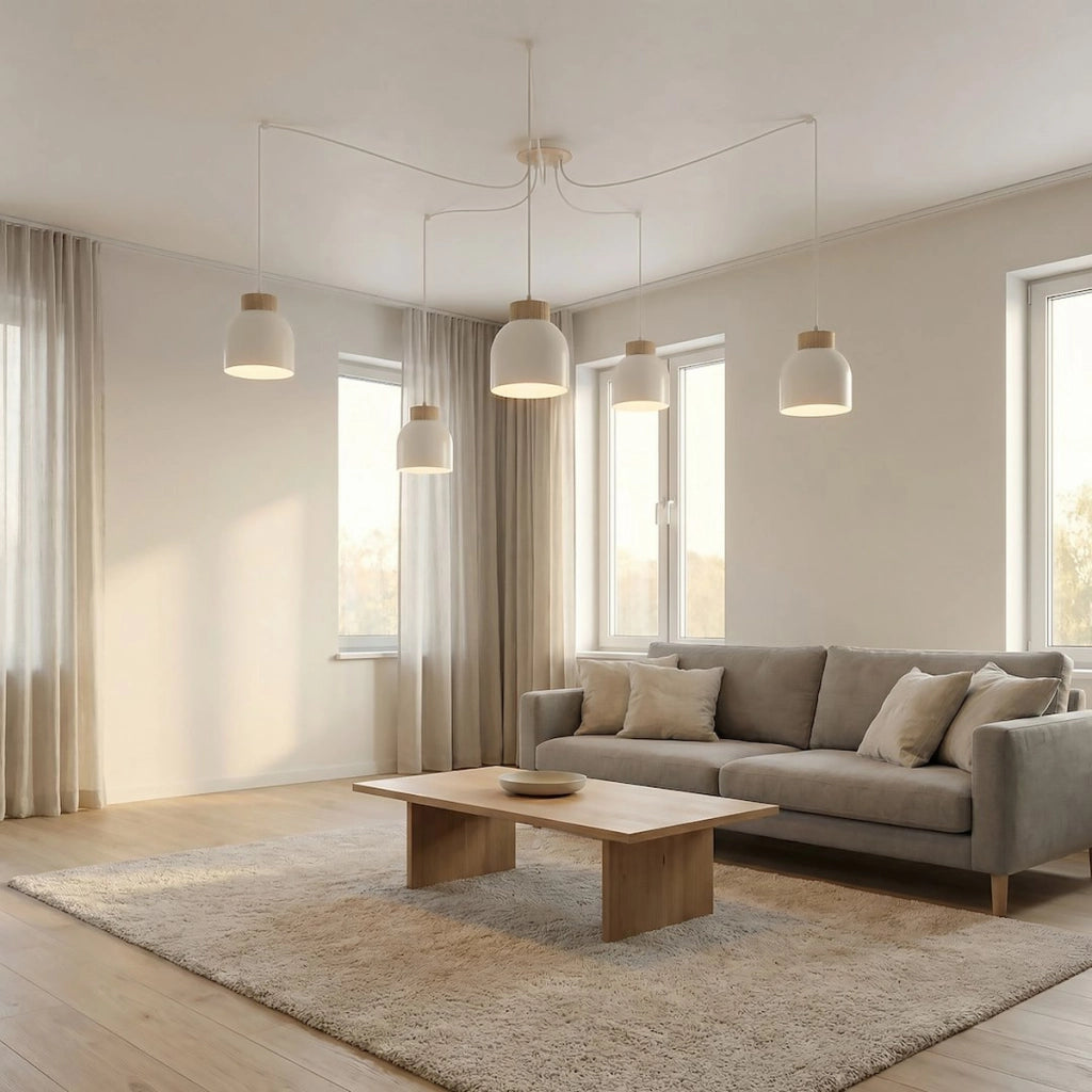 Lampada a sospensione KRU in acciaio bianco opaco e legno