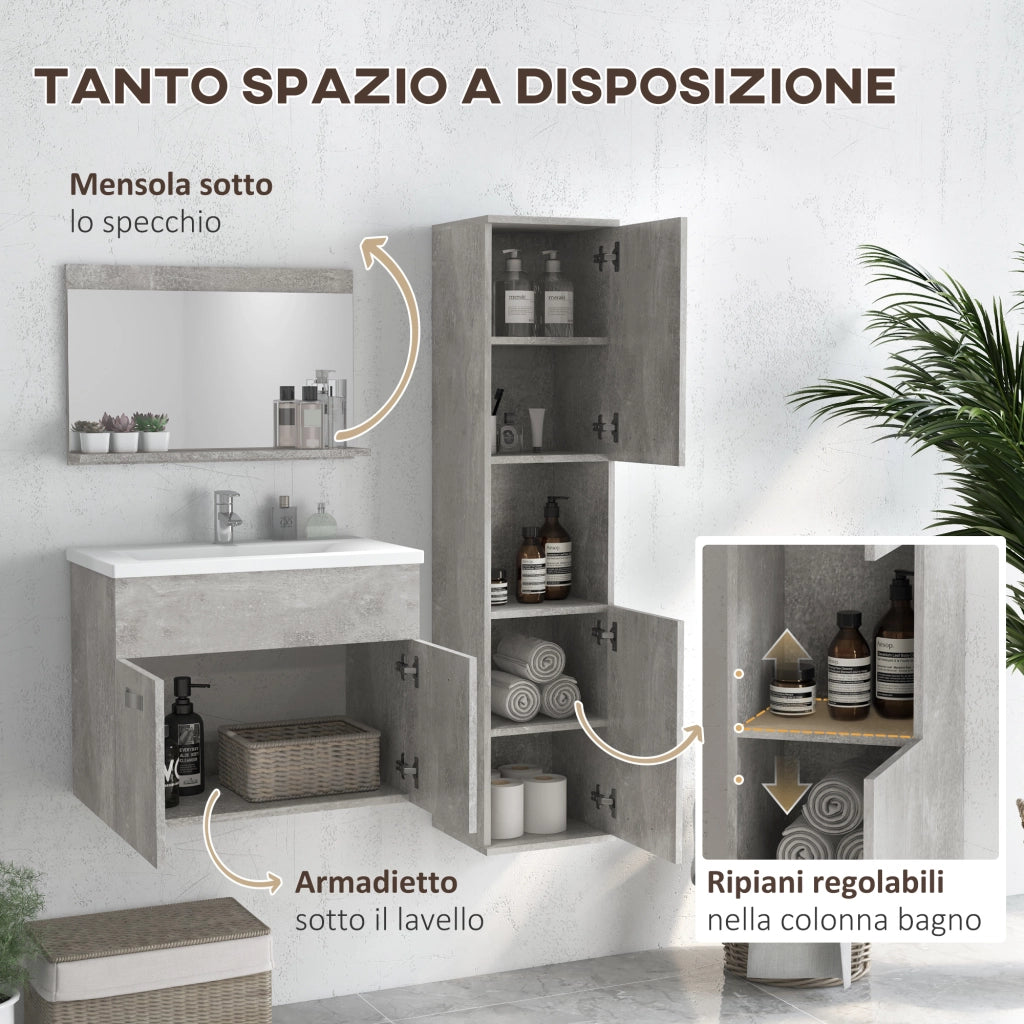 Easycomfort Set Mobili Bagno da 4 Pezzi con Lavabo da 60cm, Mobiletto, Colonna Bagno e Specchiera in Legno, Grigio