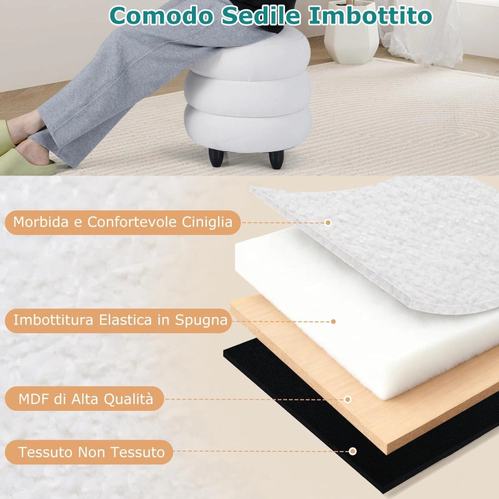 Pouf Contenitore Rotondo 20 L, Ottomano con Coperchio Rimovibile, Sgabello da Trucco con Gambe in Legno di Gomma, Portata 150 kg, per Camera da Letto e Salotto