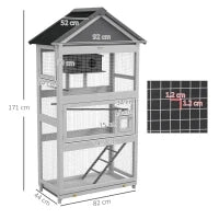 Voliera per Uccellini a 3 Porte con Casetta e Vassoio, in Legno e Metallo, 92x52x171 cm, Grigia e Nera