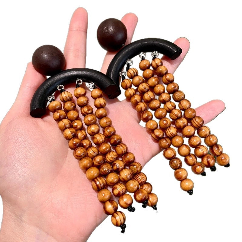 Orecchini a perno in legno unici, stile europeo e americano, orecchini lunghi con perline di legno, stile etnico retr¨°, orecchini con nappine di perline di legno.