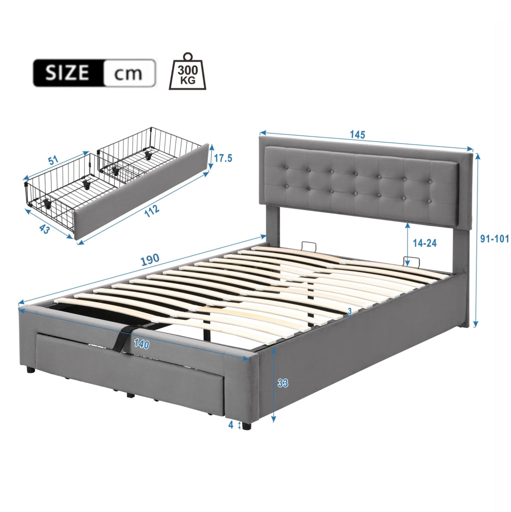 Letto matrimoniale imbottito 140x190 cm in velluto grigio con contenitore e testiera regolabile