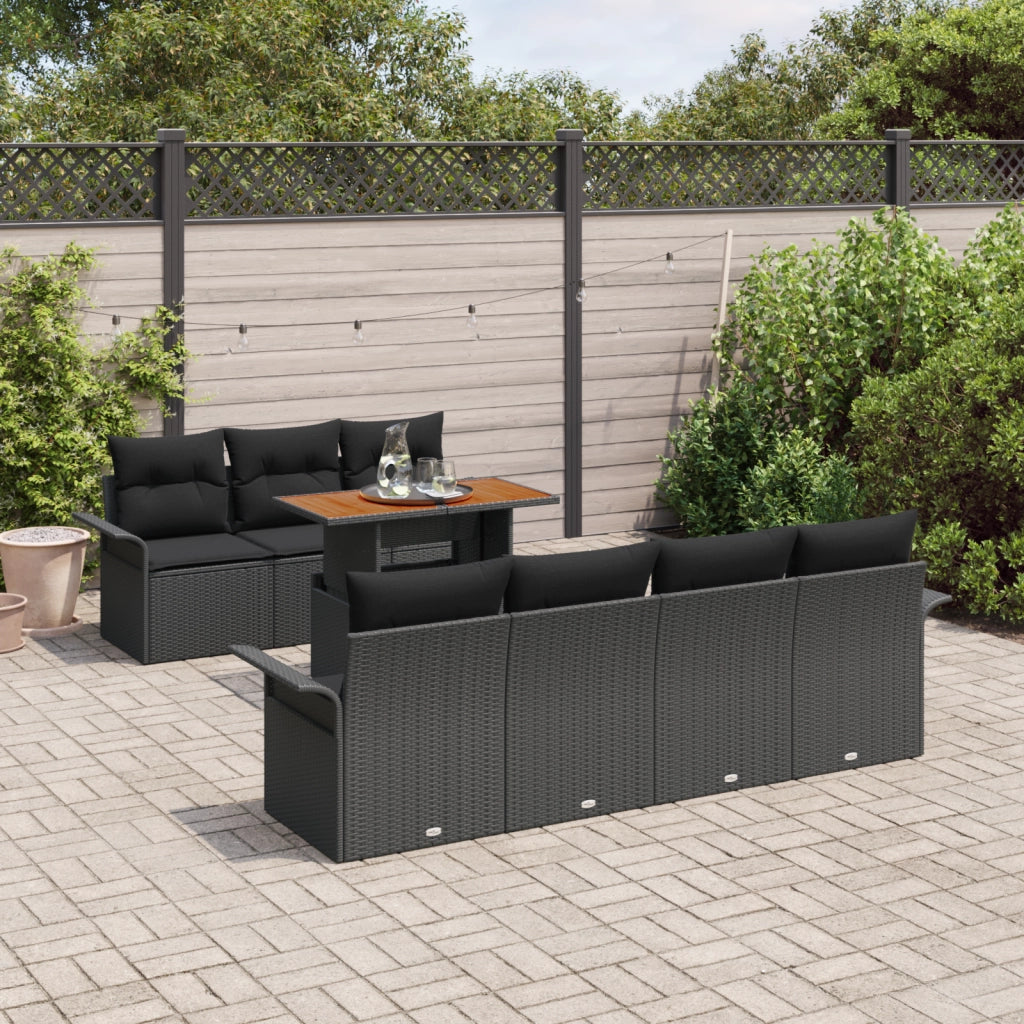 Set Divano da Giardino da 8 Pezzi con Cuscini Nero Rattan Sintetico Acacia