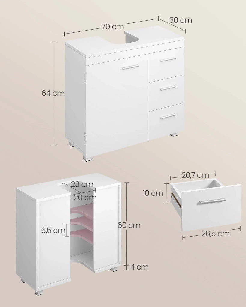 Mobile lavabo da bagno 30 x 70 x 64 cm 3 cassetti laterali 2 scomparti dietro l'anta adatto per lavabi su colonna con gambe 12_0006536