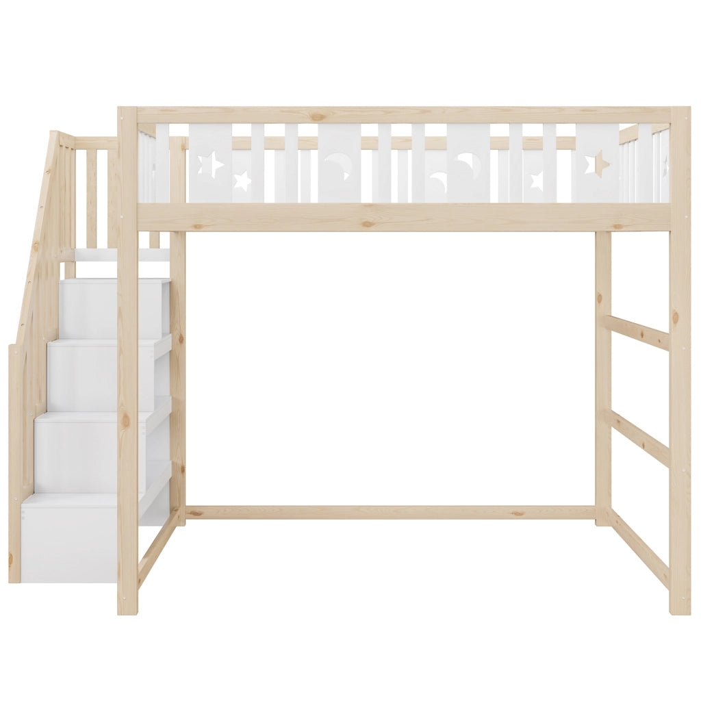 Letto a soppalco per bambini 140 × 200 cm con scala e ripiani, zona divano, senza materasso, legno massiccio bianco naturale