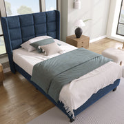 OKWISH Letto Singolo 90×200 cm con Testiera Imbottita e Struttura Silenziosa, senza Materasso, in Lino - Blu