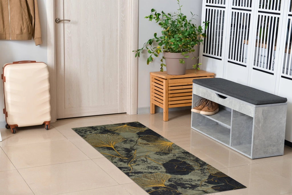Tappeto Arredo Moderno Morbido in Ciniglia Ingresso Antiscivolo Prodotto Italiano  Soggiorno Camera Salotto Disegni Piazzati Cotone Varie Misure Grande Ginko/Verde - 65x300 cm