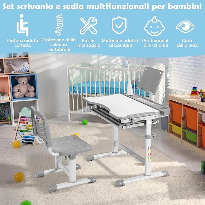 Set Scrivania e Sedia per Bambini, Tavolo Regolabile in Altezza con Piano Inclinabile 45° e Luce LED 3 Modalità, Tavolo e Sedia Ergonomica in Materiali Sicuri per 4+ Anni (Grigio)