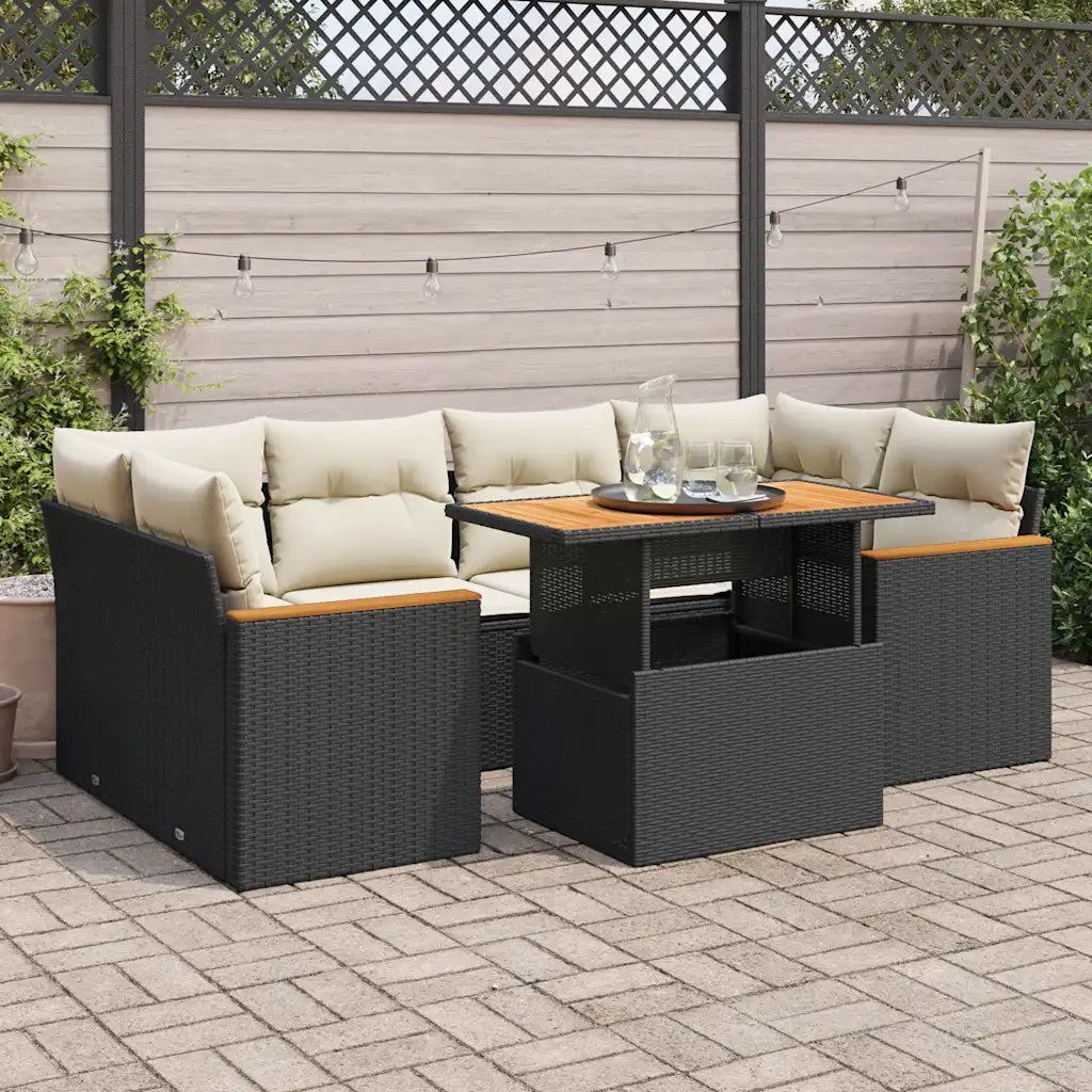 Set Divano da Giardino 6 pz con Cuscini Nero Polyrattan Acacia 3327451