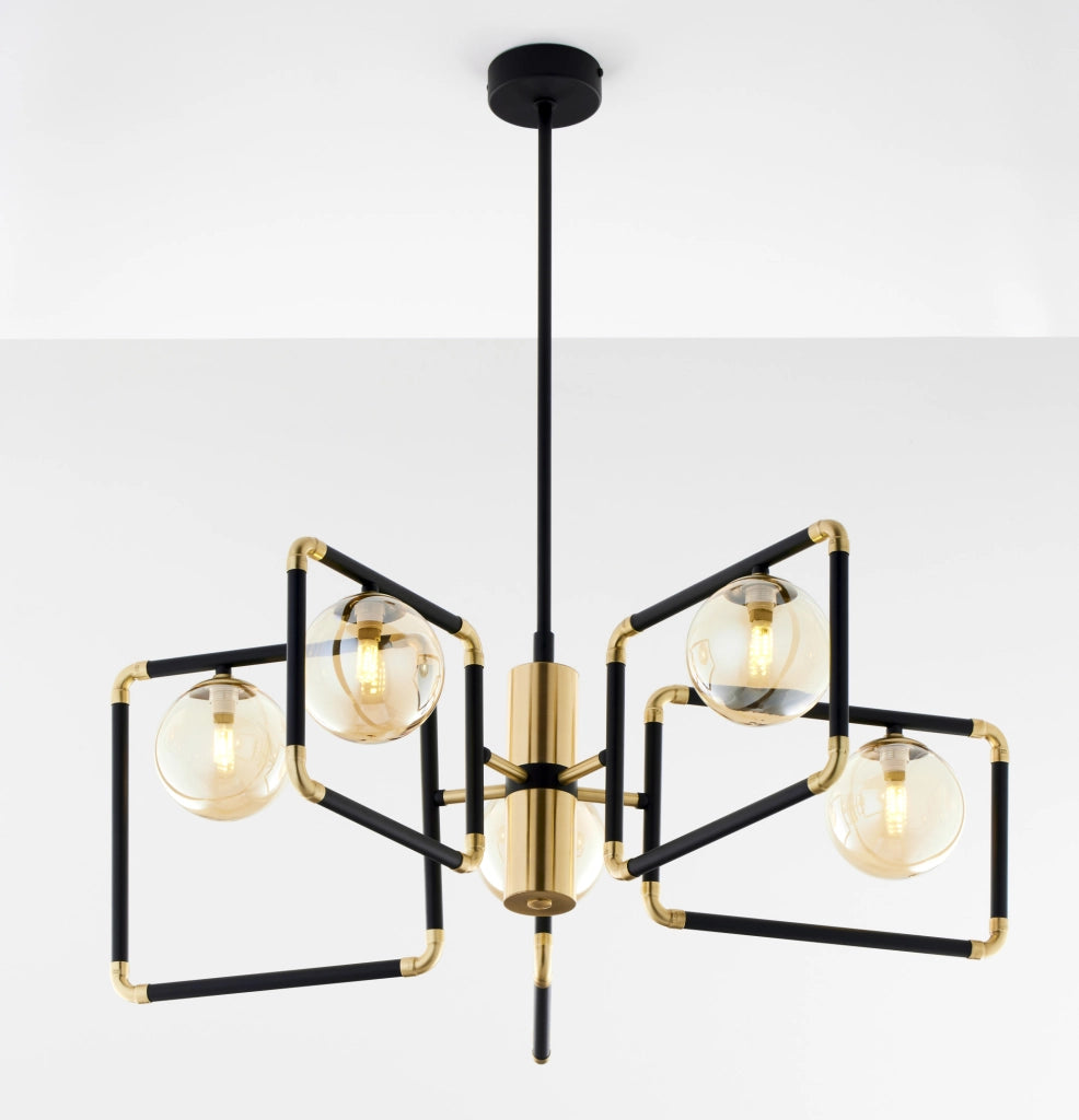 Lampadario moderno nero oro vetro ambra 5xG9 Jupiter