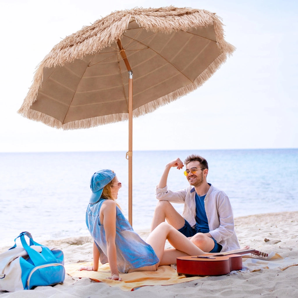 Ombrellone da patio resistente all'acqua e al sole con tetto di palma struttura in metallo, Ombrellone da 208cm-Ombrelloni