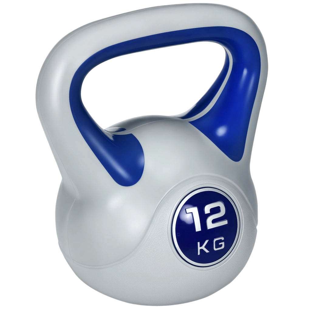 EasyComfort Kettlebell 12kg in PU e Sabbia con Base Piatta e Impugnatura per Stacchi, Squat e Sollevamenti, 24x17x28 cm, Blu