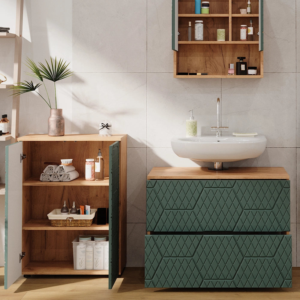 Vicco Set mobili bagno Quercia verde/oro 3 parti, con base 80 cm