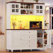 Credenza alta bianca con LED RGB, 4 cassetti e portabicchieri
