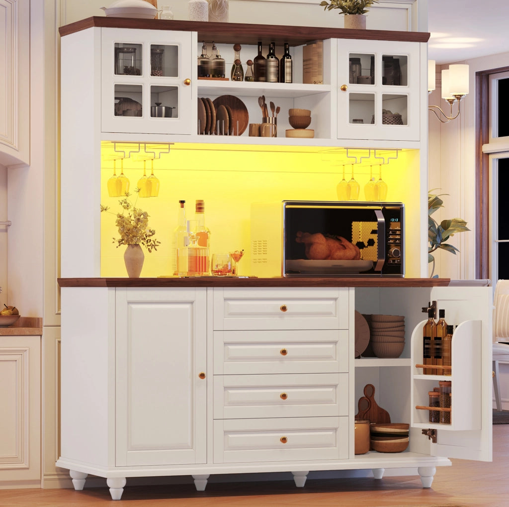 Credenza alta bianca con LED RGB, 4 cassetti e portabicchieri