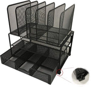 Organizzatore per scrivania in metallo nero. Organizzatore robusto con piedini antiscivolo e resistenti ai graffi. Design elegante. Cassetta per ufficio con 1 contenitore orizzontale + 5 supporti per documenti e lettere.