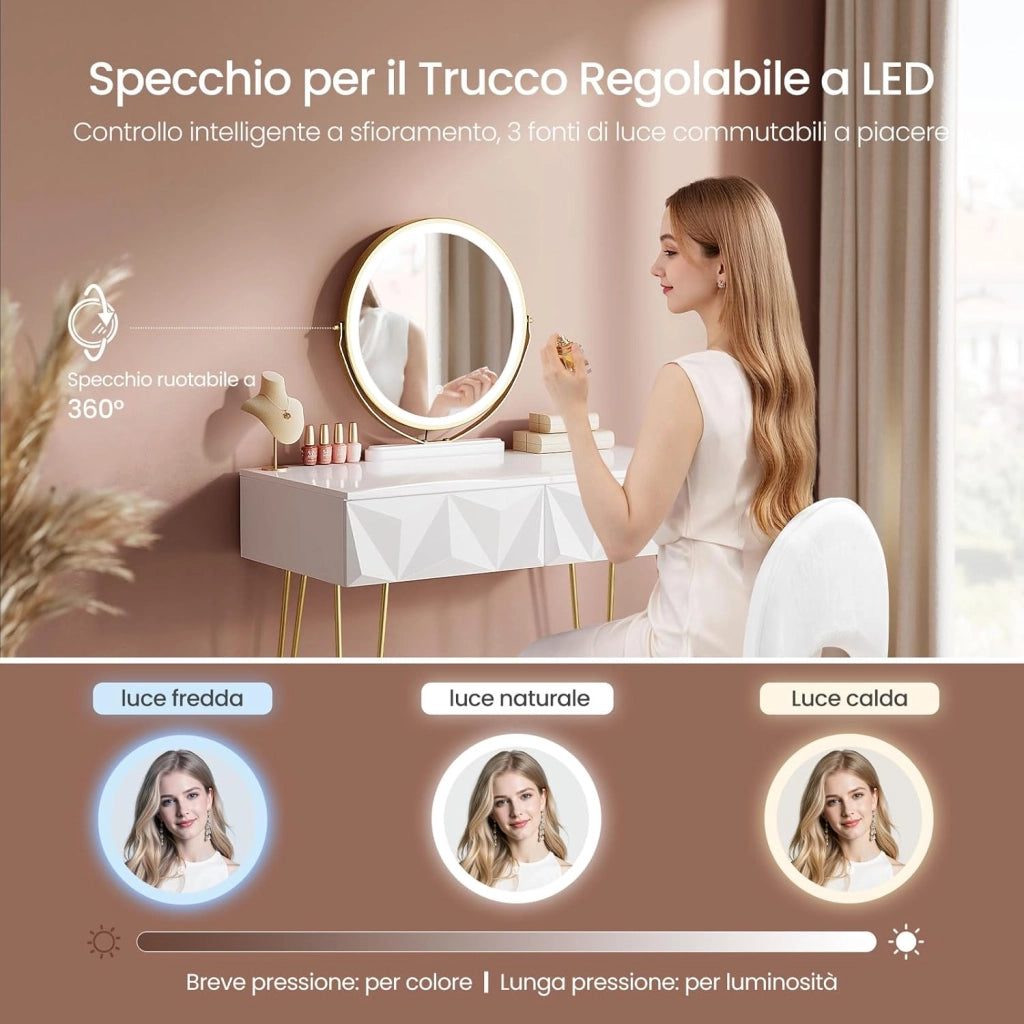 EUGAD Toeletta da Trucco con Luci LED, Luminosità Regolabile, Postazione da Trucco con Sedia in Velluto, con 2 Cassetti, Assemblaggio facile, Bianco e Dorato