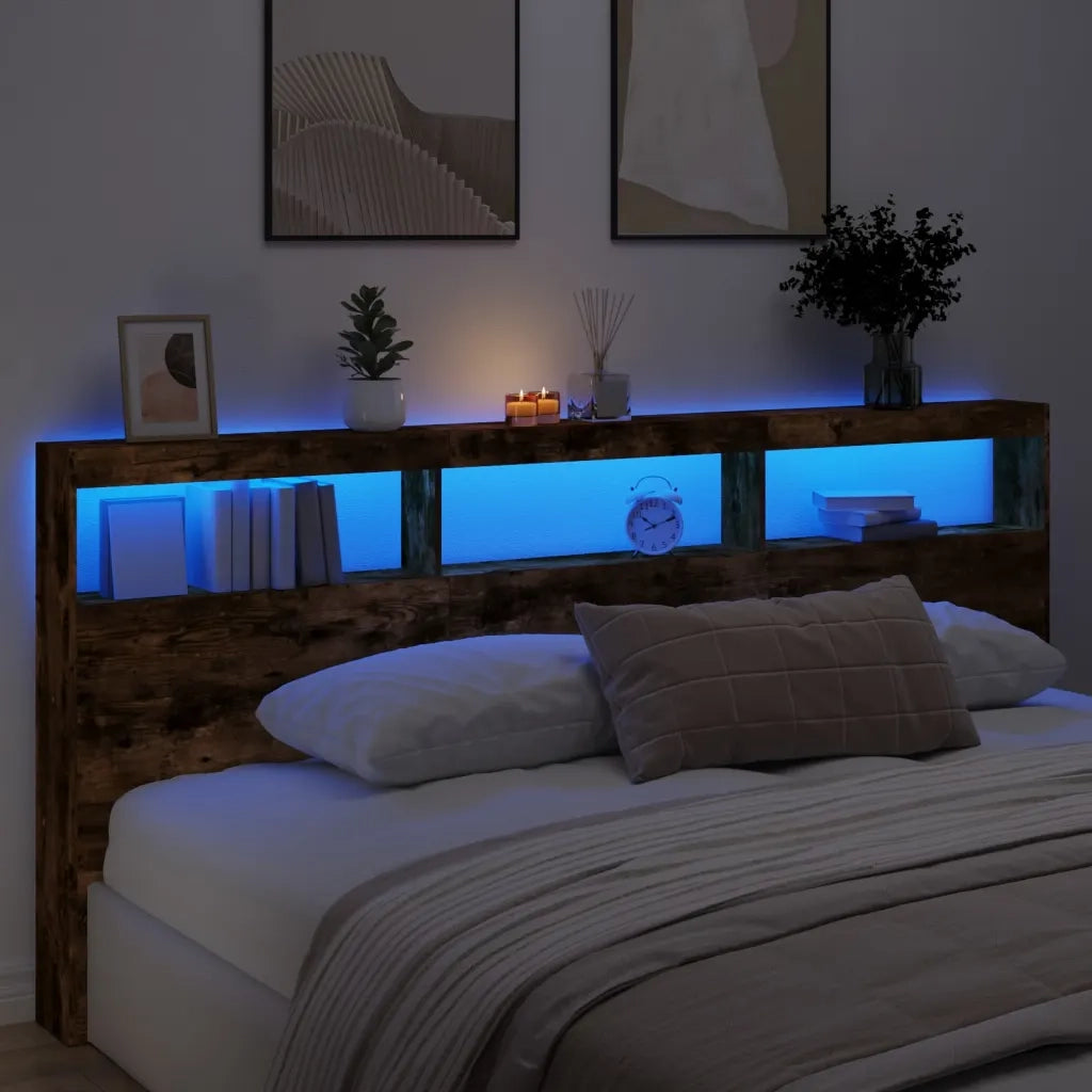 Testiera con Contenitore a LED Rovere Fumo 220x17x102 cm 839228