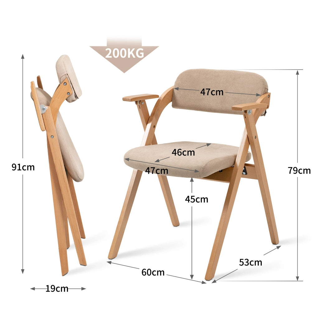 Set di 2 sedie pieghevoli con braccioli; seduta imbottita in legno; kaki