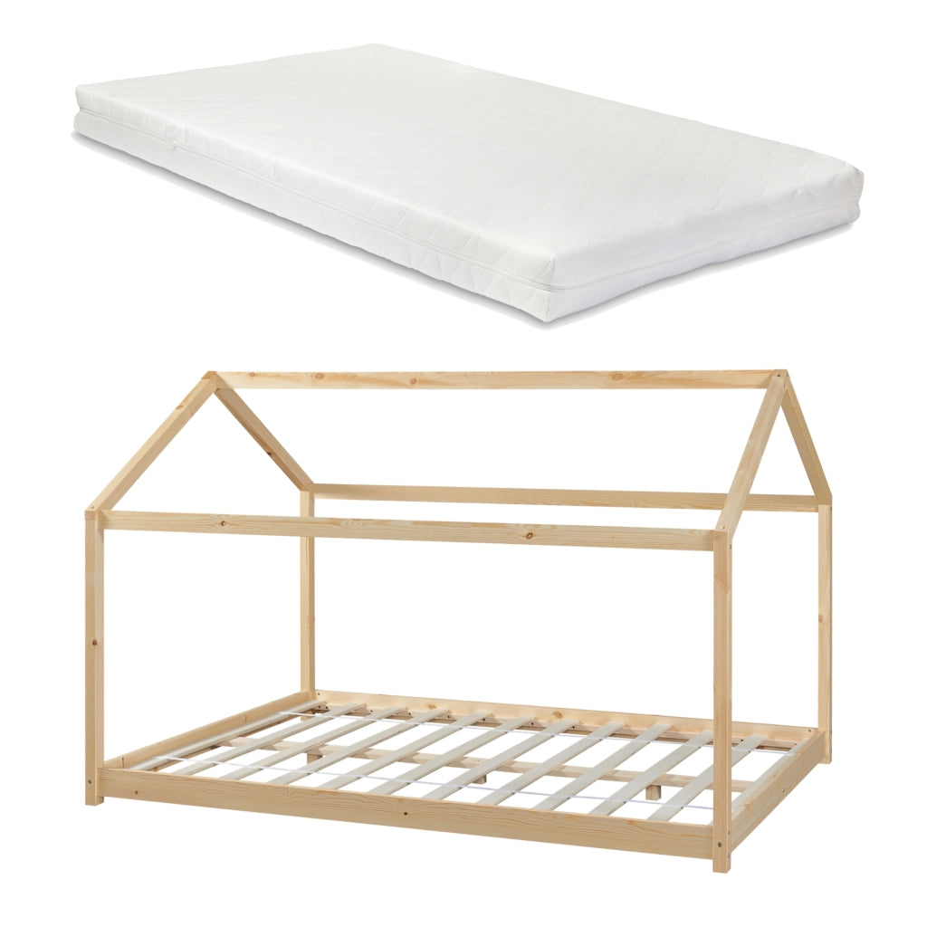 Letto per Cameretta Cerro a Forma di Casetta con Materasso 140 x 200 cm Legno Naturale [en.casa]