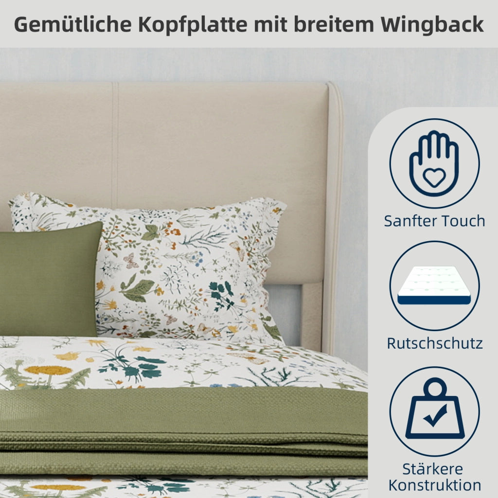 Letto Matrimoniale 140x200 cm in Tessuto e Metallo; Beige - Testiera Imbottita