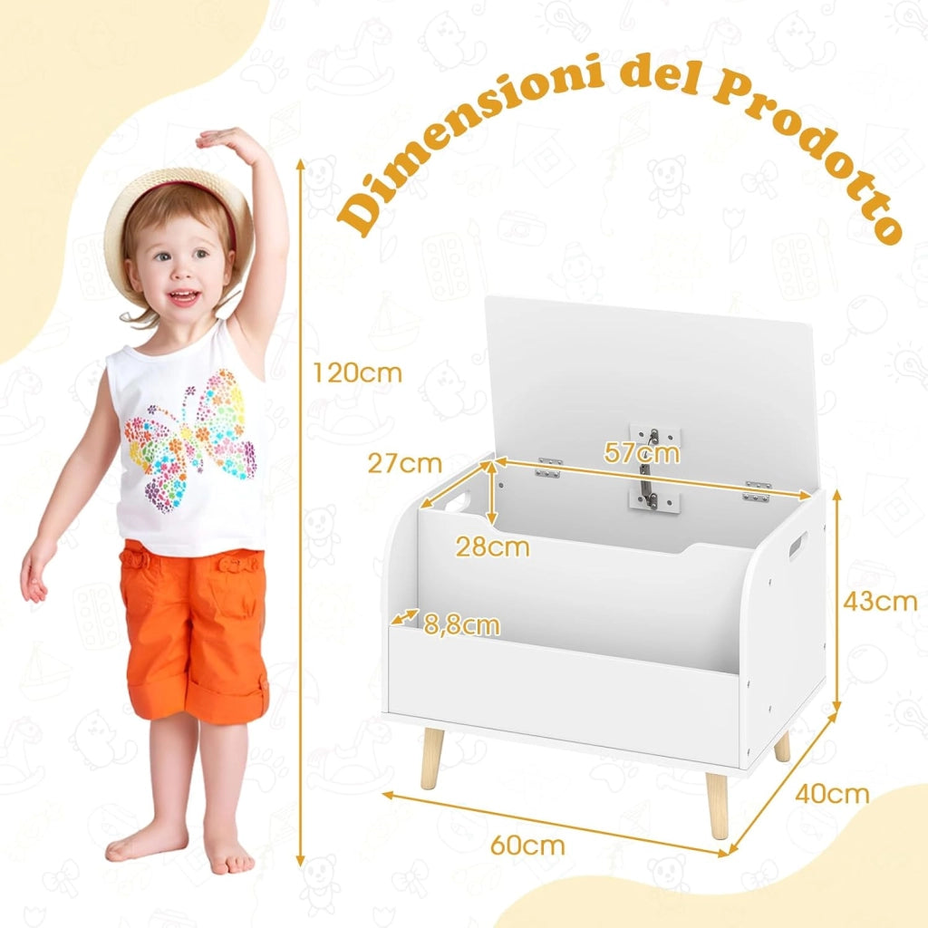 Cassapanca Portaoggetti per Bambini, con Libreria, Organizer per Giocattoli con 4 Gambe in Legno Massello e Coperchio Ribaltabile, per Sala Giochi e Asilo, 60x40x43 cm (Bianco)