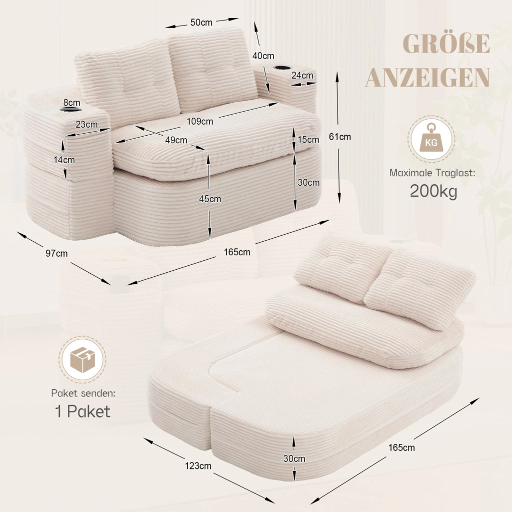 Poltrona relax 2 in 1 in velluto a coste beige con portabevande