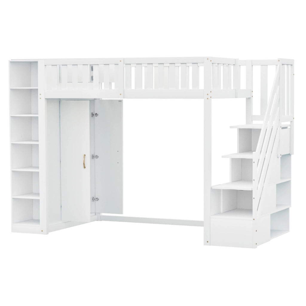Letto a soppalco multifunzione 90x200 cm con armadio ampio, mensole e scaletta di sicurezza bianco