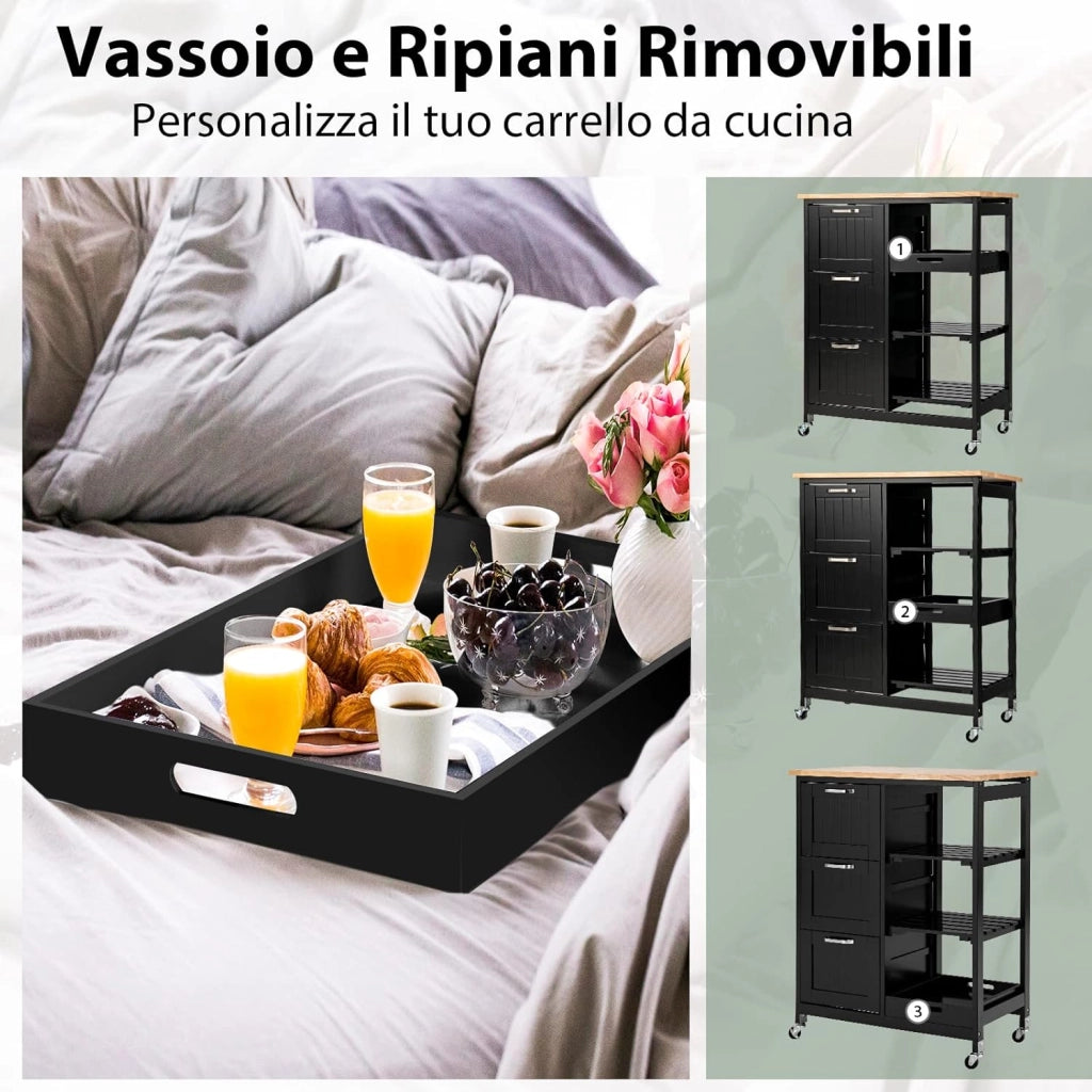 Carrello da Cucina con Ruote, Credenza Cucina con 4 Ripiani e 3 Cassetti, in Legno, Ideale per Cucina Ristorante e Bar, 67 x 37 x 83,5 cm (Nero)