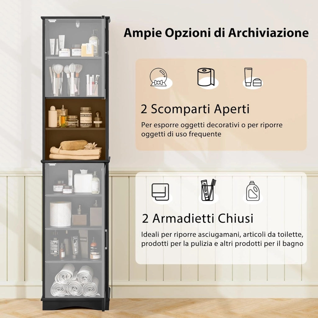Mobile Bagno 40 x 30 x 170,5cm, Armadietto a Colonna Stretto e Alto con 5 Ripiani Regolabili e 2 Porte, Armadio da Terra in Legno per Soggiorno, Camera da Letto, Salotto e Cucina (Nero)