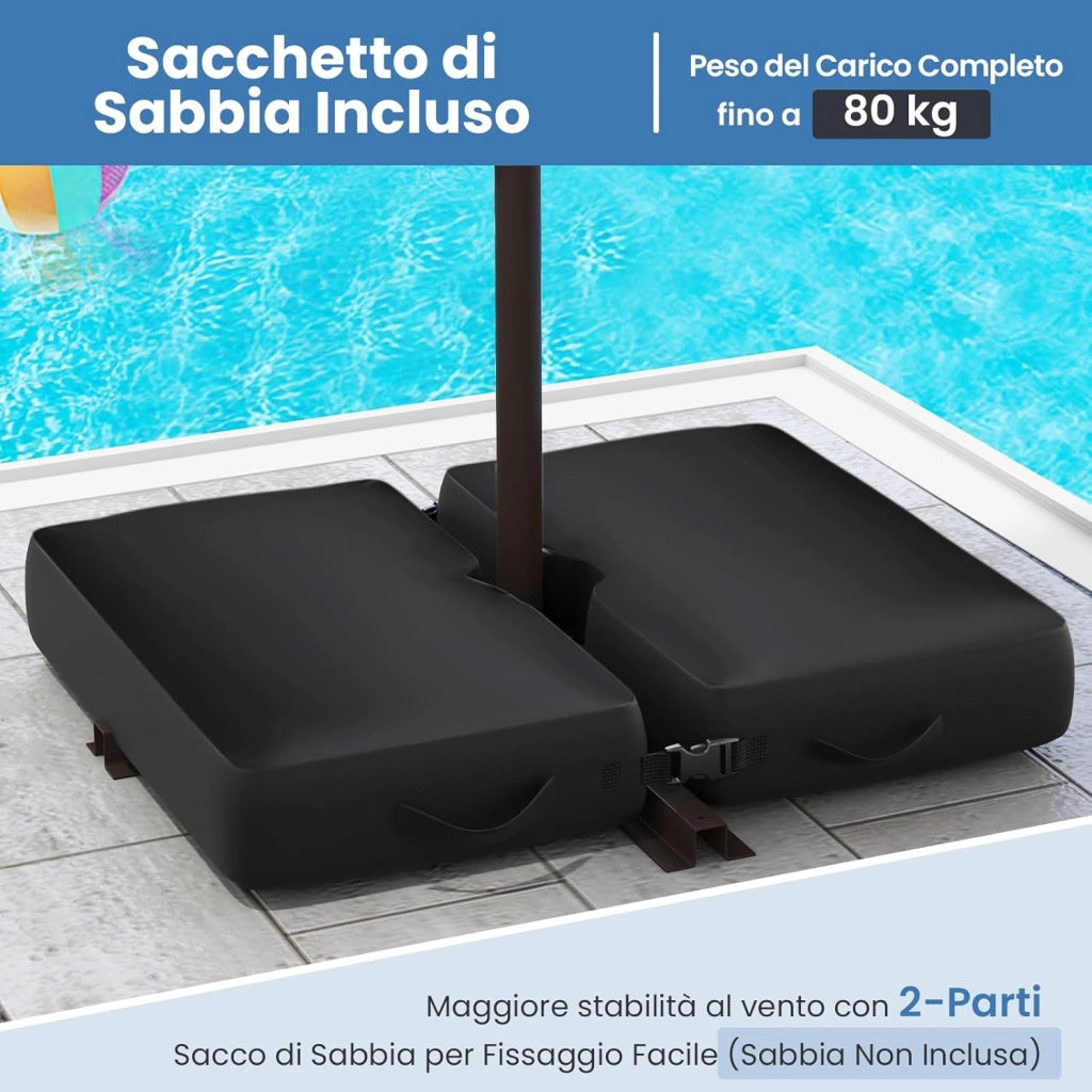 Ombrellone da Giardino con 40 Luci a LED, con Sacco di Sabbia, Ombrellone da Esterno 300 cm con Altezza Regolabile, Ombrellone per Giardino Piscina Patio, 300 x 300 x 250 cm (Blu)