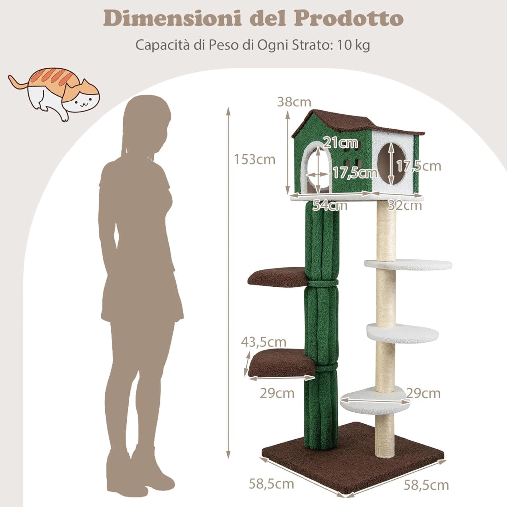 Tiragraffi per Gatti alto 153 cm, Albero Tiragraffi con Cuccia, Tiragraffi Rivestito in Sisal, 5 Piattaforme e Dispositivo Antiribaltamento,Tiragraffi per Gatti Adulti e Gattini