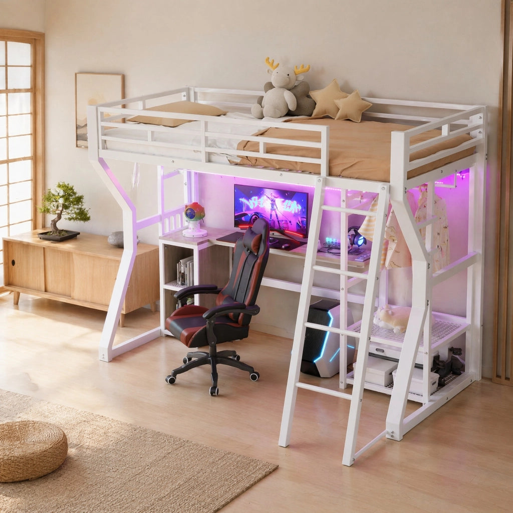 Letto a soppalco 90x200 cm con scrivania e luce, bianco