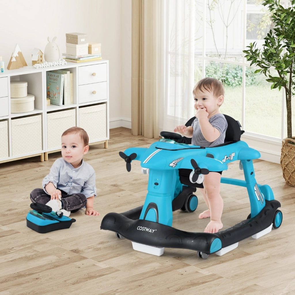 Camminatore pieghevole a tema aeroplano con altezza regolabile a 3 livelli, Camminatore per bambini 6 in 1 con ruote Blu