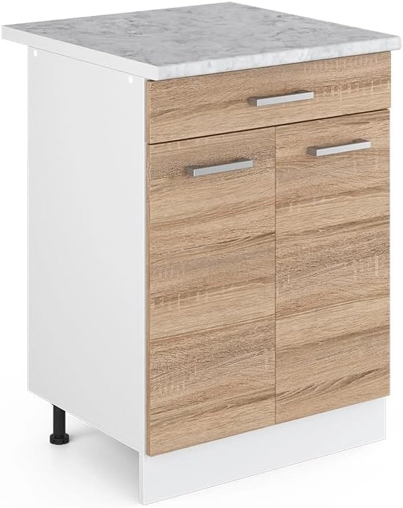 Mobiletto base per cucina R-Line, Sonoma, 60 cm con cassetto PL Marmo, per la libera combinazione all'interno di sistemi cucina modulari