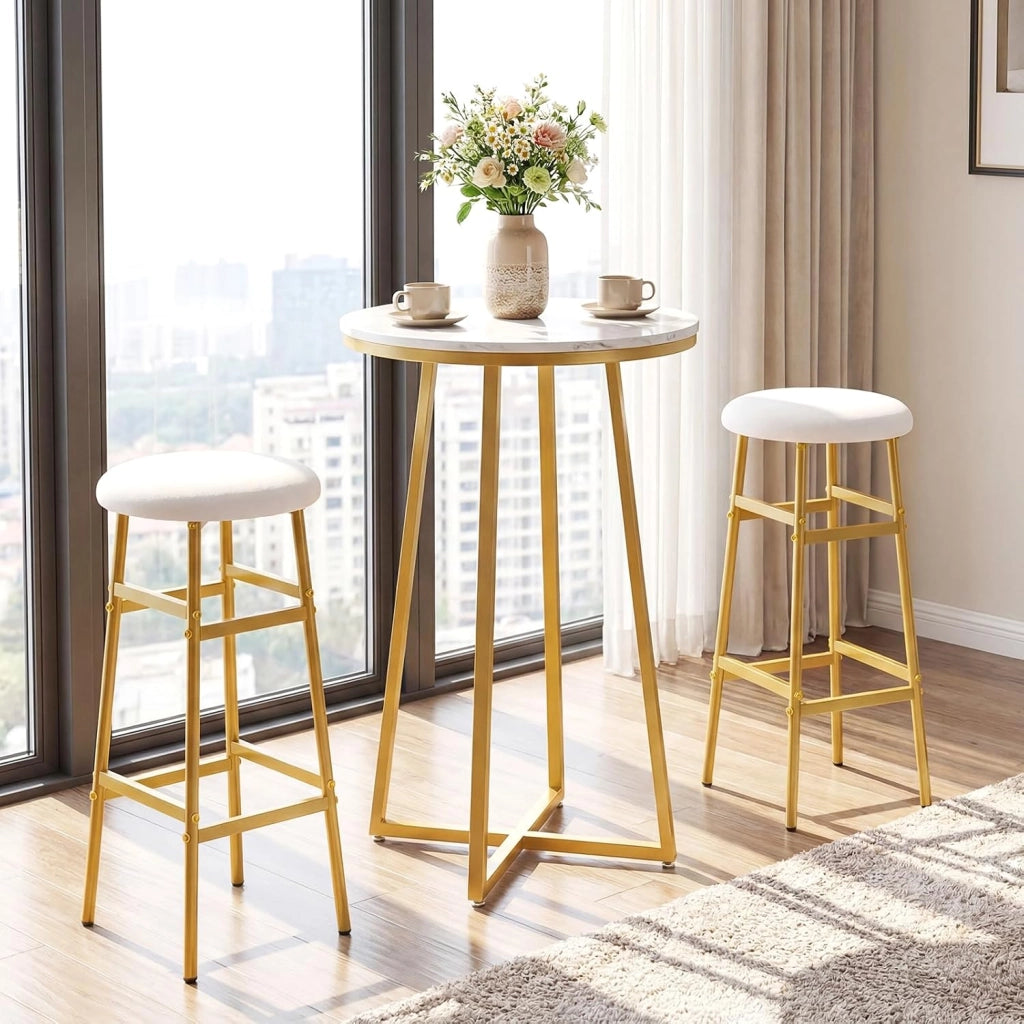Set di 2 Sgabelli Alti Rotondi da Bar (Bianco) | Sgabelli con Seduta Imbottita, Pioggiapiedi Ergonomico, Portata 150 kg per Cucina e Sala da Pranzo, 33,5 x 33,5 x 73 cm