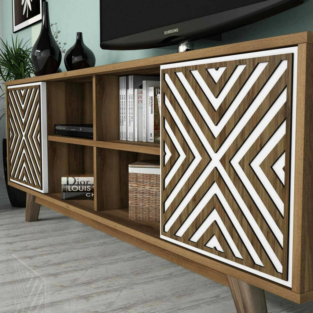 Mobile porta TV Drusilla, Credenza da soggiorno, Armadio basso per TV, Base parete attrezzata, 160x35h56 cm, Noce e Bianco