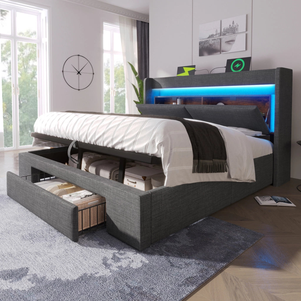 Letto imbottito 180x200 cm con contenitore idraulico; testiera con USB; USB-C e LED; grigio