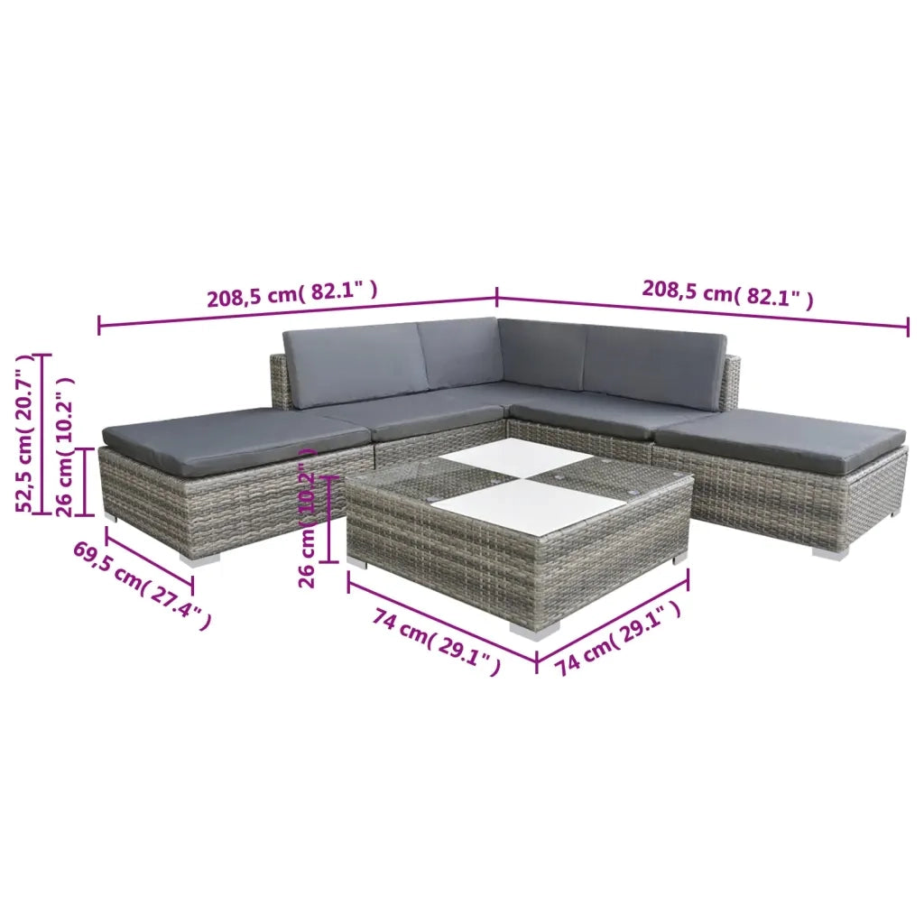 Set Divani da Giardino 6 pz con Cuscini in Polyrattan Grigio