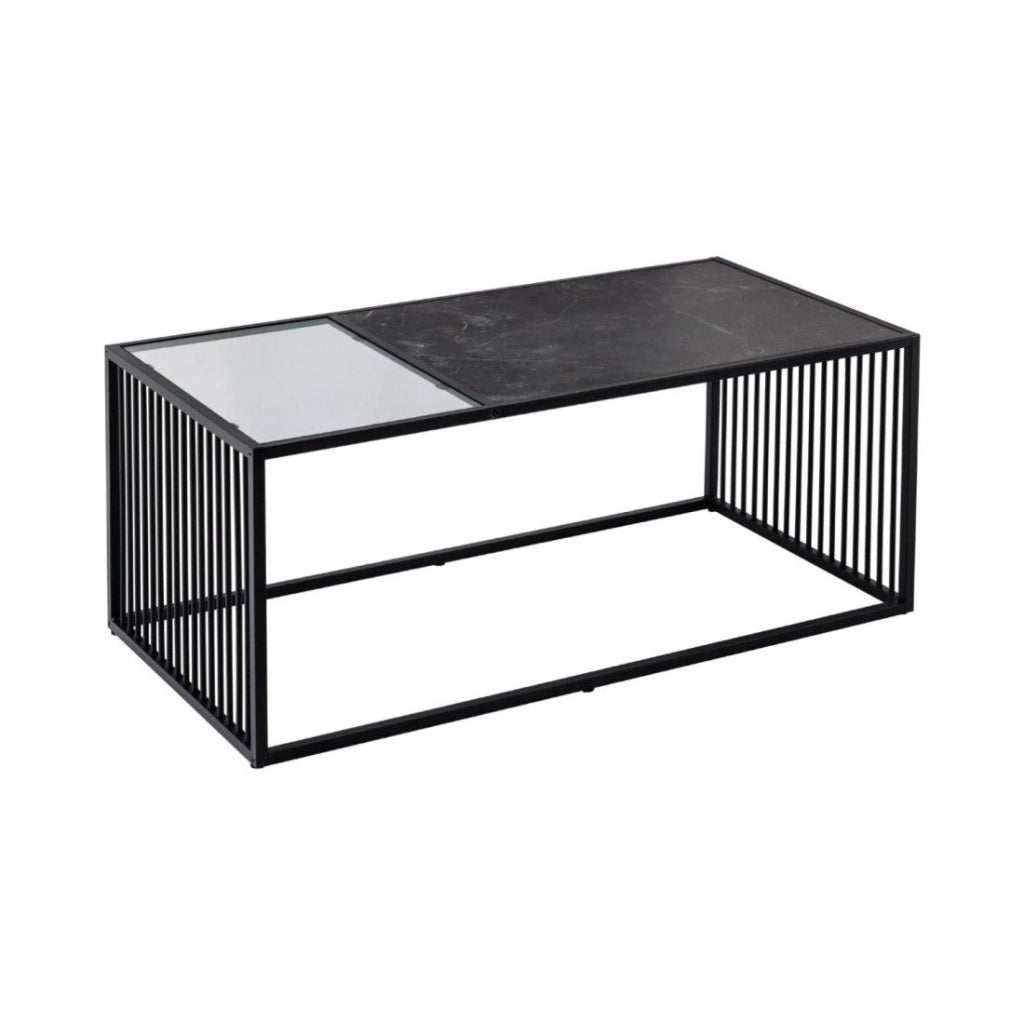 Tavolino basso ABITTA rettangolare 100 cm nero e vetro fumé – Moderno con piano misto MDF effetto marmo e vetro temperato