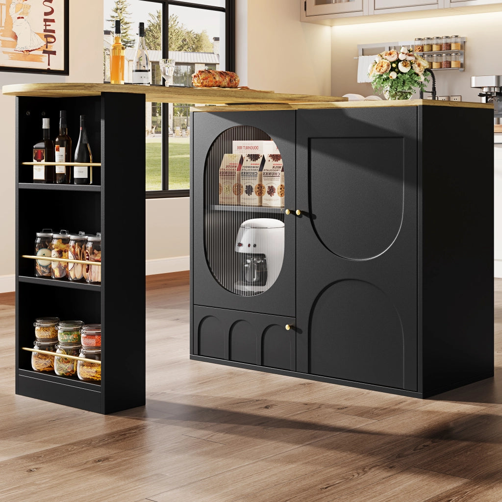 Carrello da Cucina con 3 Ante e Piano Girevole a 360°; Portasciugamani e Portaspezie; in MDF e Metallo; Nero; 138x39x105 cm