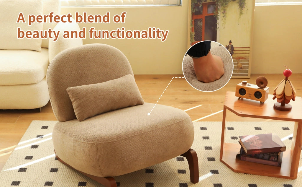 SEDIA Imbottita Senza Braccioli in Tessuto Camel con Gambe in Legno