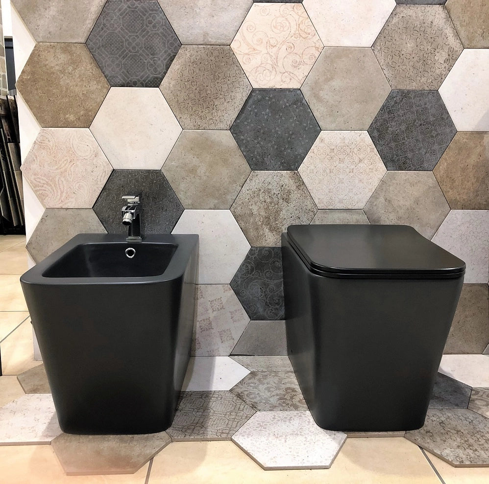 Coppia di sanitari wc e bidet a terra ceramica nera SICENA SQUARED