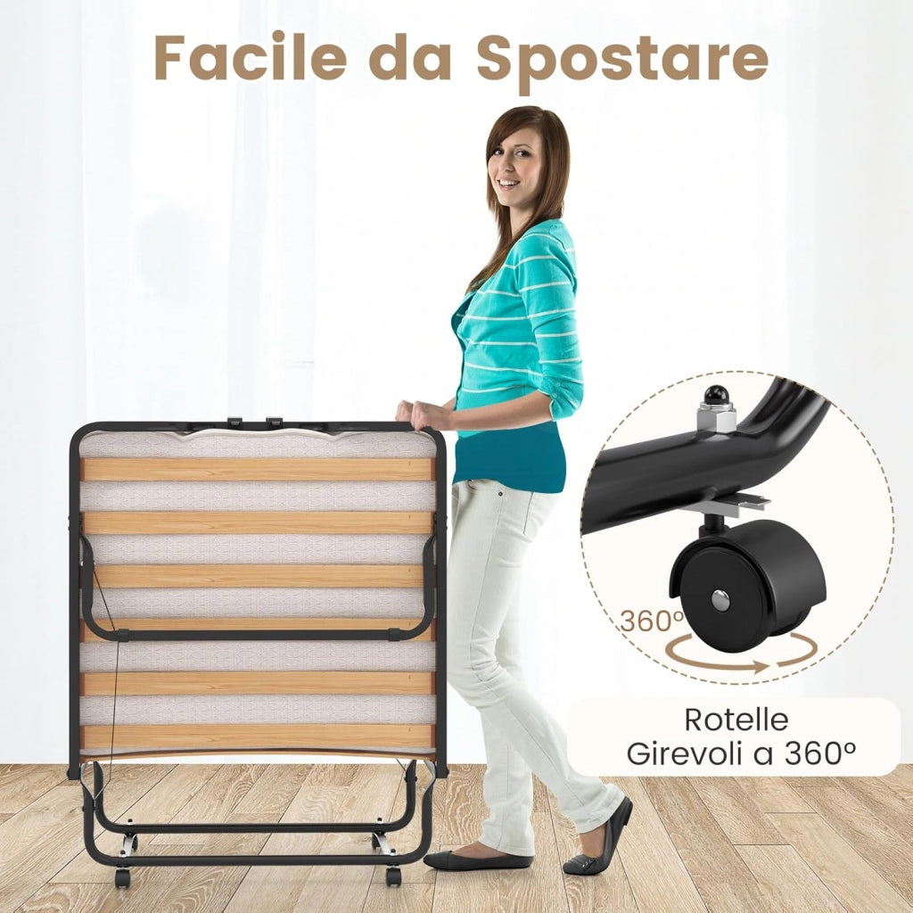 Brandina Pieghevole con Materasso, Struttura Metallica, Materasso in Memory Foam, Trapuntatura a Onda con Imbottitura a Doppia Fibra, 200x90x41 cm, Made in Italy (Stile 2 Beige)