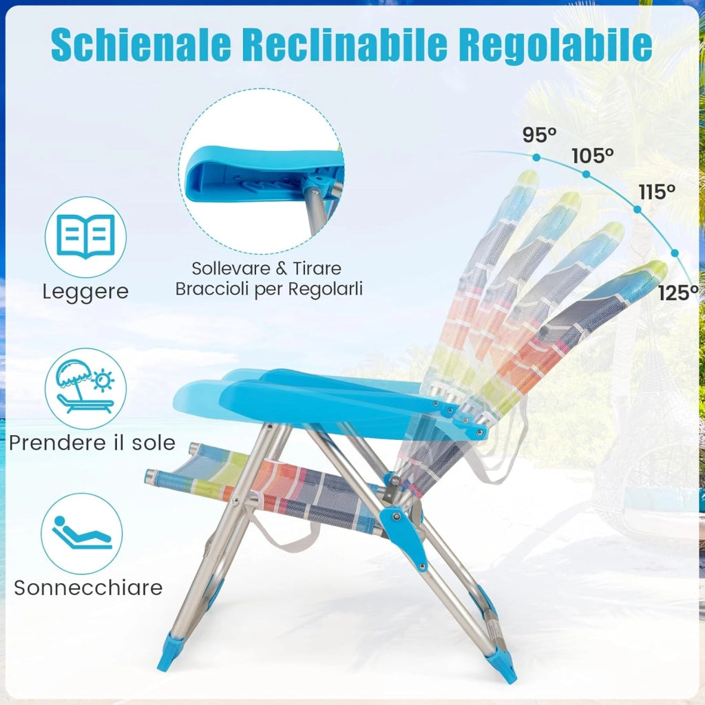 Set di 2 Sedie da Spiaggia, Sedia da Picnic Pieghevole con Braccioli, Schienale Regolabile a 4 Posizioni, Poltrona da in Alluminio Portatile per Pesca, Campeggio (64 cm x 64 cm x 83 cm)