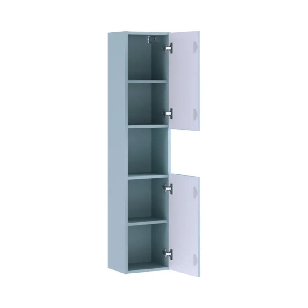 Set bagno sospeso VANO blu denim e quercia 150cm: mobile sotto lavabo con cassetti + piano per lavabo + colonna